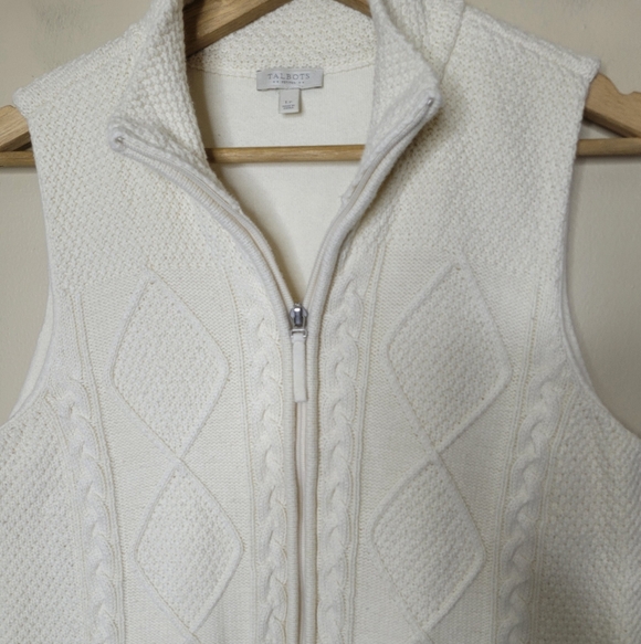 Talbots Petites Cable Knit Full Zip Vest Ivory Cream Jacket Winter Classic PL - Picture 3 of 7